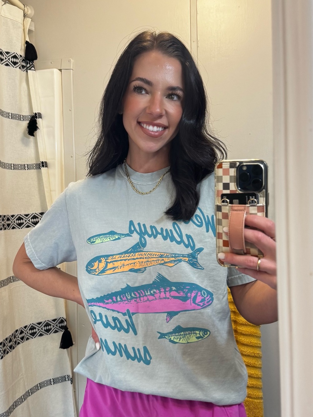 Comfort Colors Light Blue Graphic Tee with Multicolor Fish Print